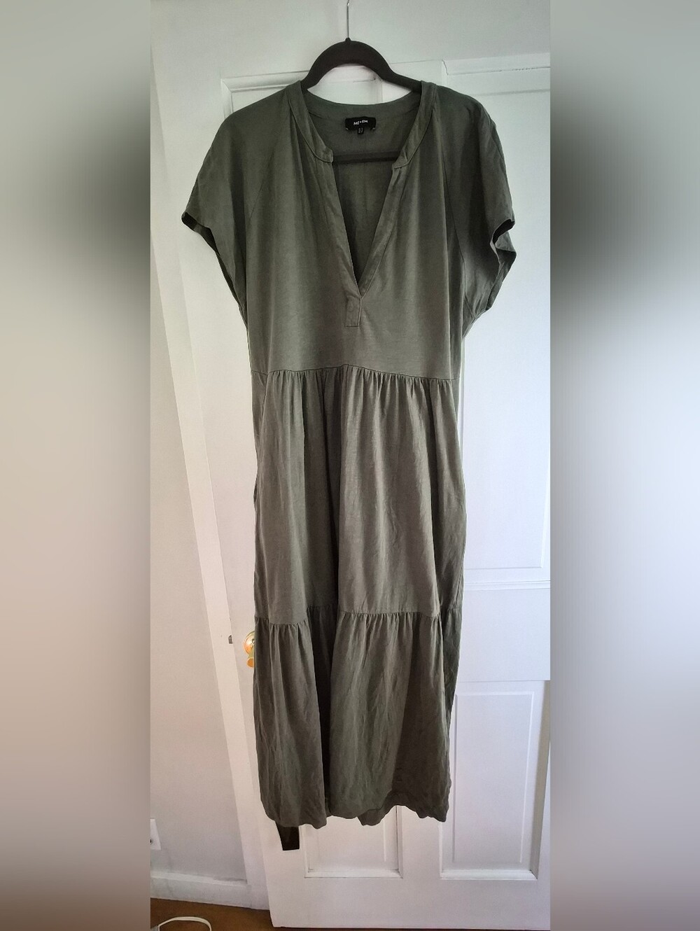 ME+EM Olive Green Tiered Midi Dress Relaxed Luxury Minimalist